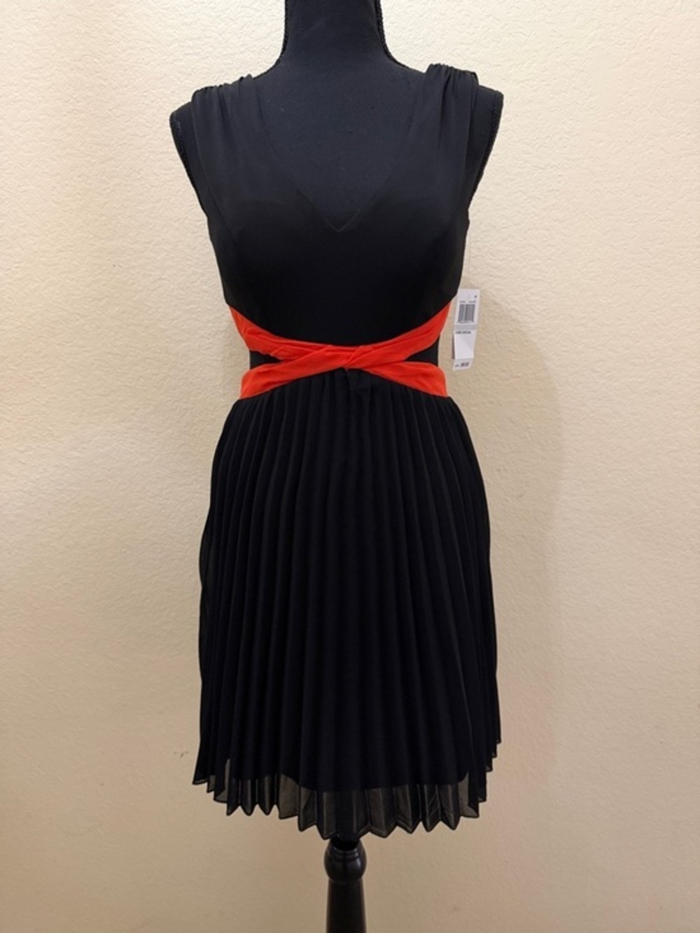 Black Dress with Red Waist Knot – Womens Pleated Cocktail Dress